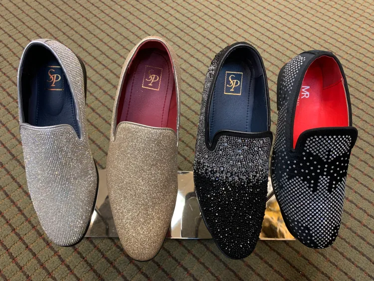 Different types of sparkling, glitter and rhinestone slip-on dress shoes